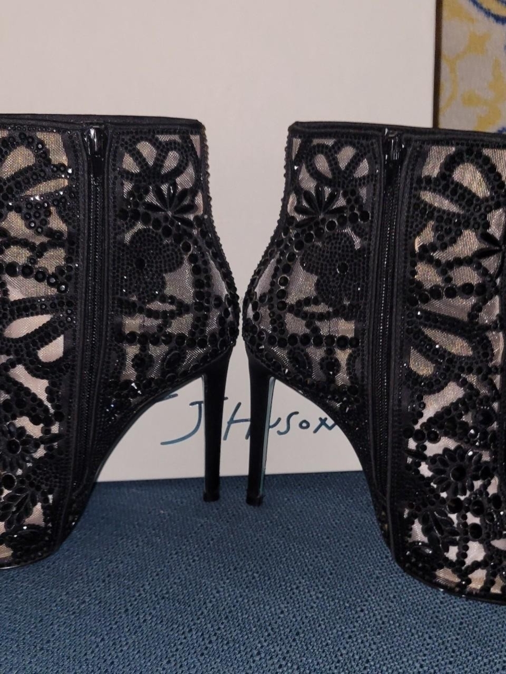 Betsey Johnson Black Sequin Floral Lace Stiletto Ankle Boots